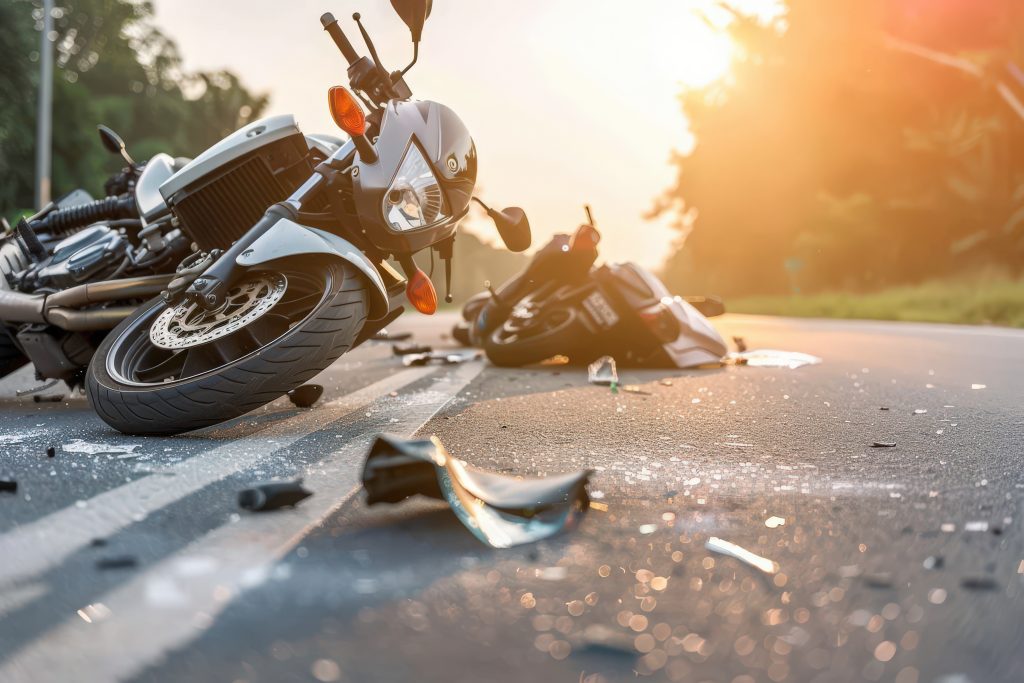 A motorcycle lies damaged on the asphalt, surrounded by debris, after a serious collision with a car in the soft light of sunset.