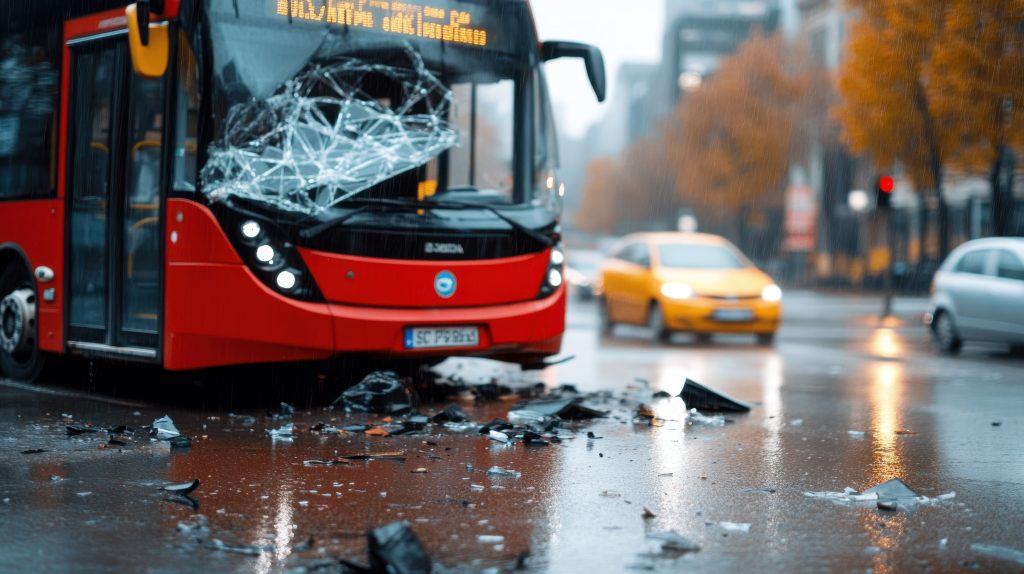 A red city bus is displayed with a severely shattered windshield, surrounded by debris, indicating it has been involved in a serious accident on a rainy urban street.