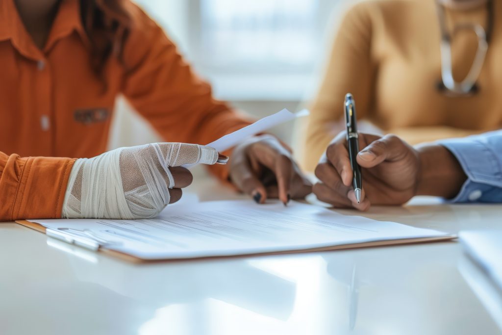 An individual with an injured, bandaged hand fills out a form or contract