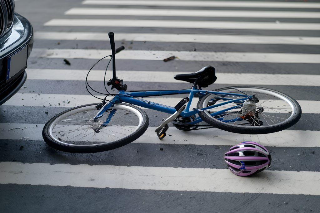 Blue bicycle and purple helmet near pedestrian crossing, car partially visible