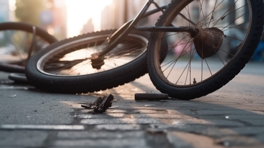 broken bike accident lies on the road. concept of traffic safety and health insurance. Generative AI