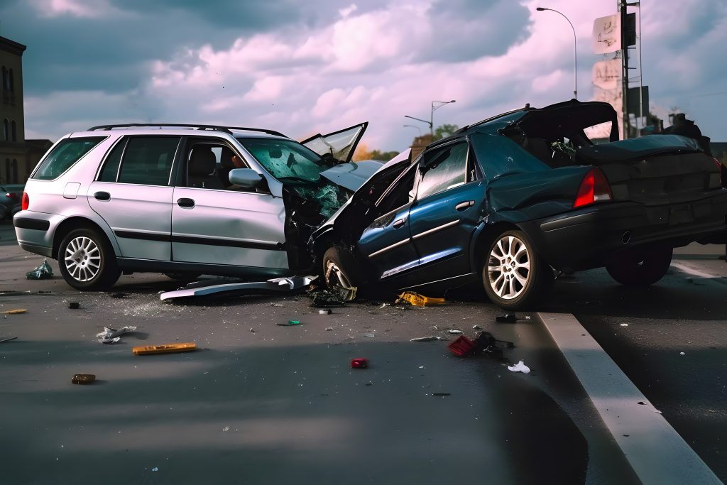 Brutal strong destructive car accident on a busy city street around a crowd of people onlookers.