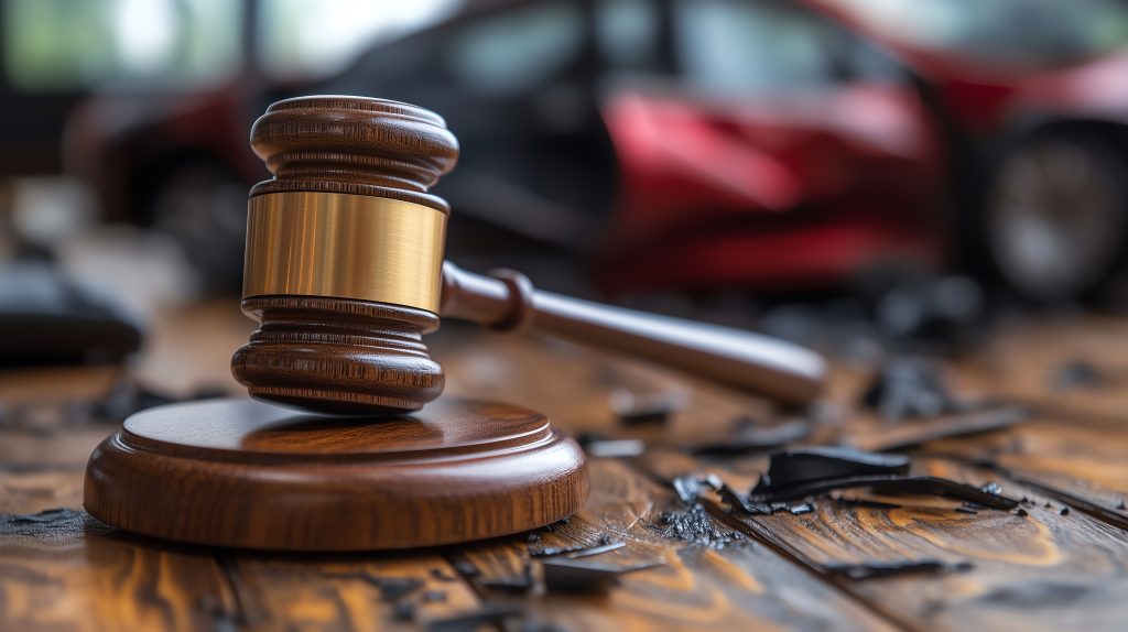 Car Accident Liability Insurance Lawyer And Gavel Judges hand banging a gavel