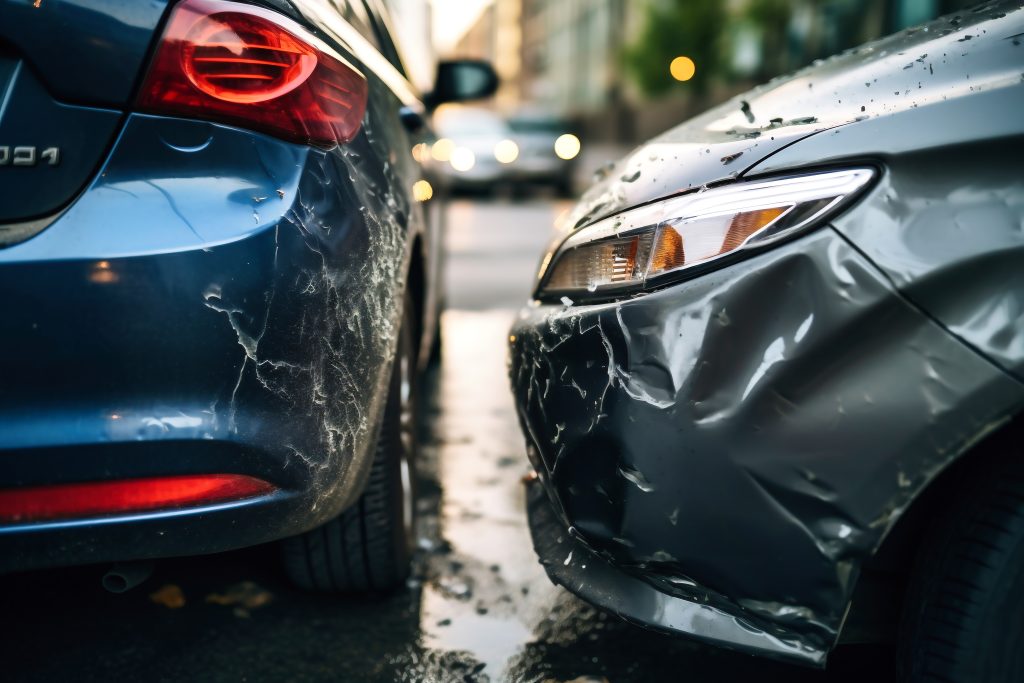 Car accident of two cars, collision of cars. Two cars are damaged after a head-on collision, a car accident. Car accident on the street, damaged cars after collision. Violation of traffic rules.