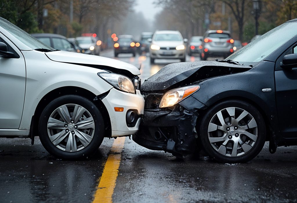 Car accident on wet road during rain, head on collision side view. Two cars damaged after head-on collision, car crash. Car crash on the street, damaged cars after collision. Traffic rules violation
