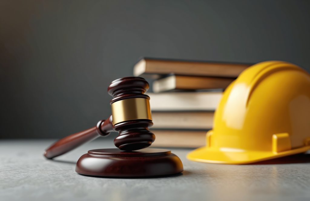 Construction law concept with gavel, yellow helmet, books in background. Civil engineering, property rights, legal protection, business case, architecture, building codes. Safety, worker compensation