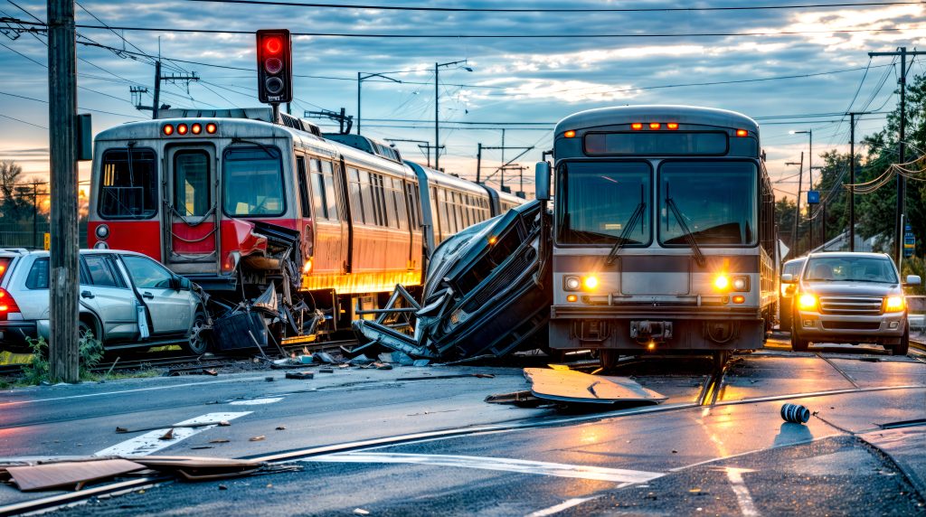 Couple of trains that are sitting in the street next to each other.