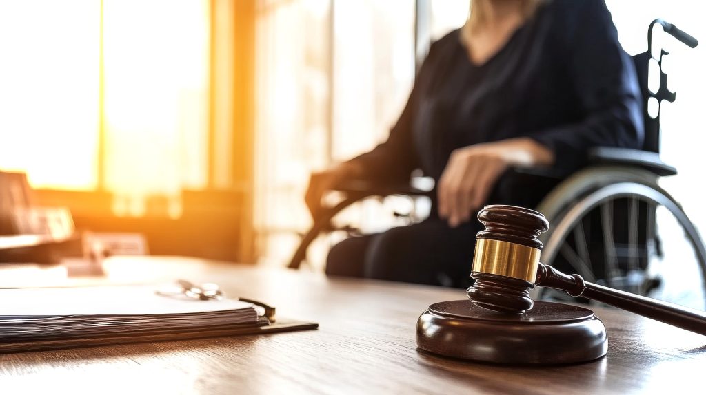 Courtroom scene showing a gavel and a person in a wheelchair during a legal proceeding for justice