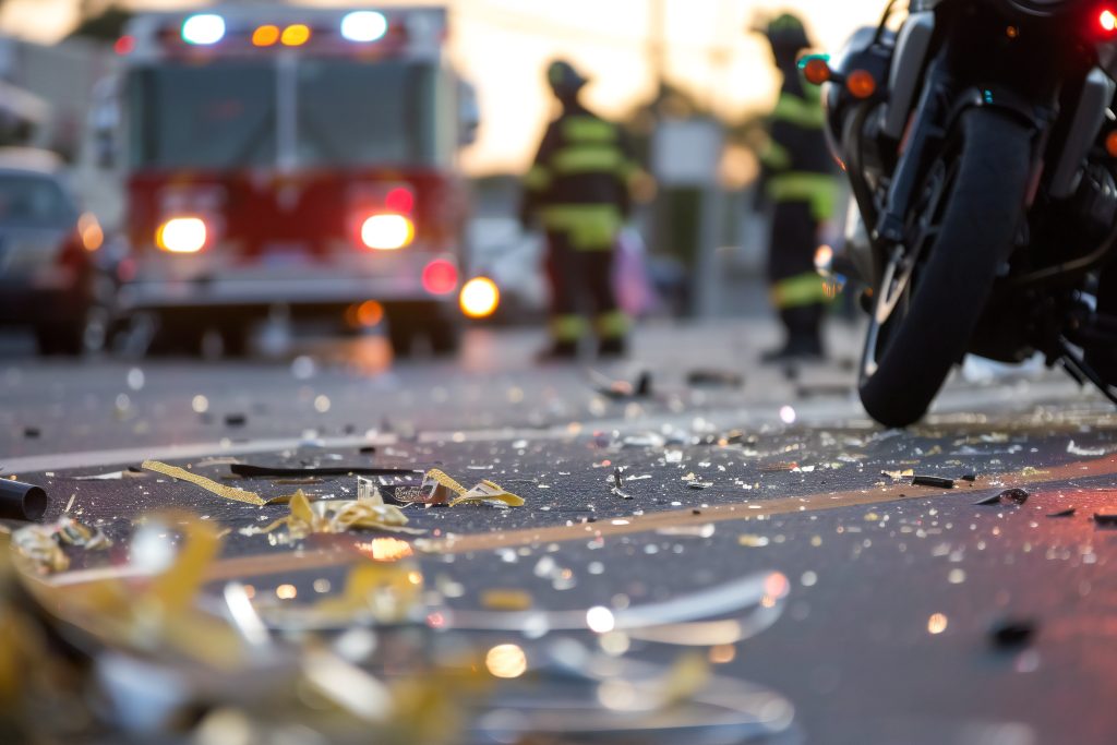 Crash on the road. Close up of a motorcycle accident on the road