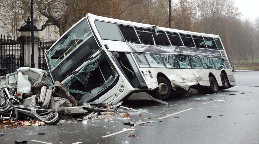 Double decker bus lying on its side after traffic accident