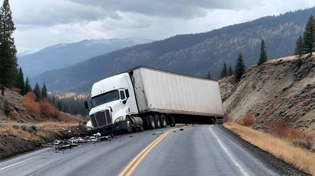 Dramatic scene of a semi truck jackknifing and blocking an entire lane after colliding on a steep winding mountain road in inclement weather conditions