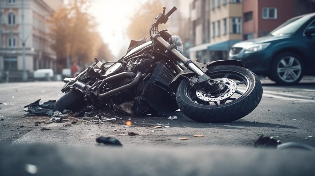 Fragments of a broken motorcycle on the pavement. Generative AI