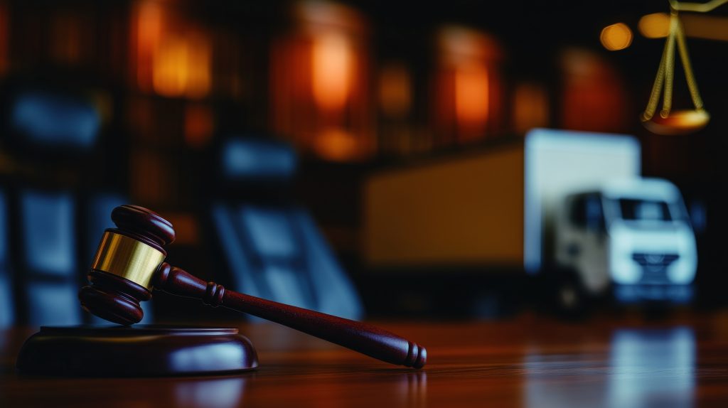 Gavel on courtroom table, truck blurred background, legal transport ruling