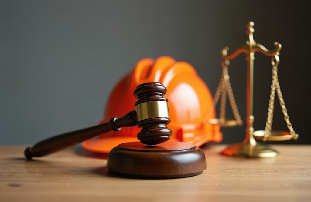 Gavel rests on desk with bright orange hard hat, legal scales, intersection of law, construction safety. Symbolizing justice, construction regulation, workplace incidents, building code compliance.