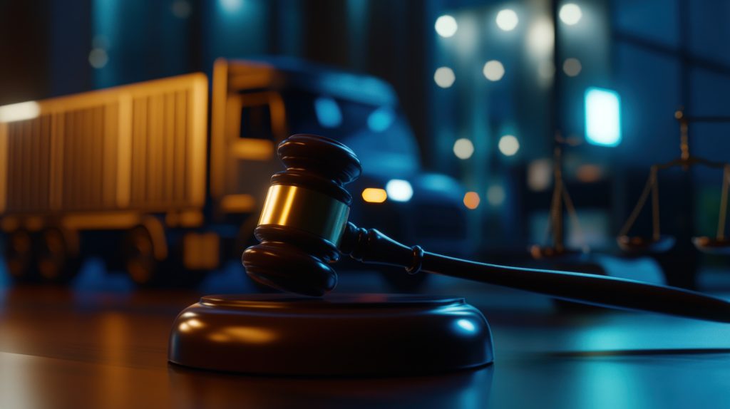 Gavel, truck, scales, night city, legal dispute