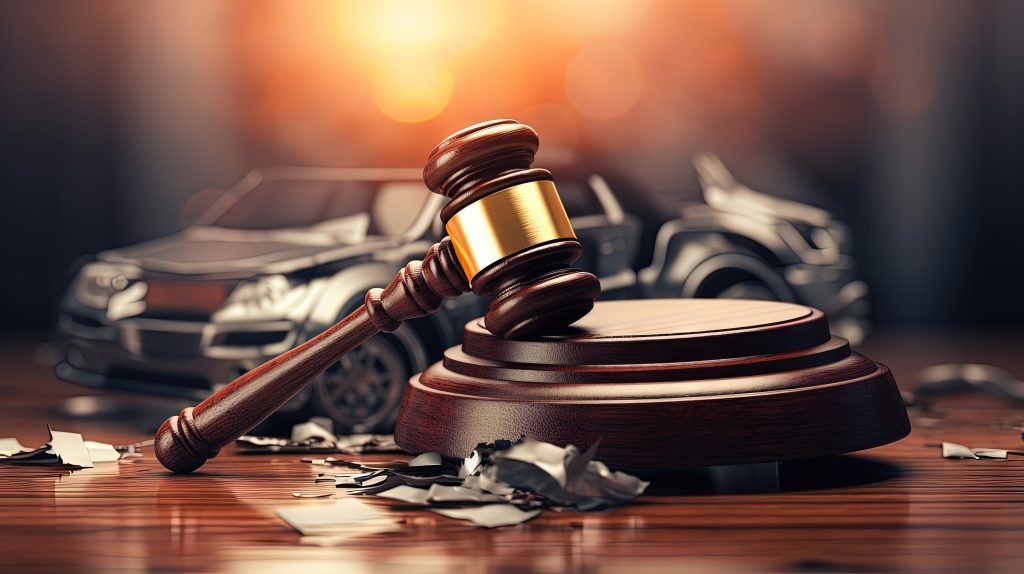 Hammer gavel judge with car vehicle accident, insurance coverage claim lawsuit court case.