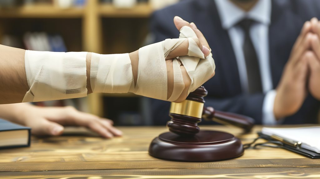 Hand injury compensation and lawyer people with insurance legal advice and contract meeting Disability accident and person in lawyer or attorney consultant for advice agreement or poli : Generative AI
