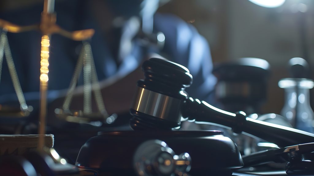 In personal injury law a lawyer wields legal authority balancing medicine and justice guiding decisions with a gavels weight to ensure rightful outcomes Personal injury law concept : Generative AI