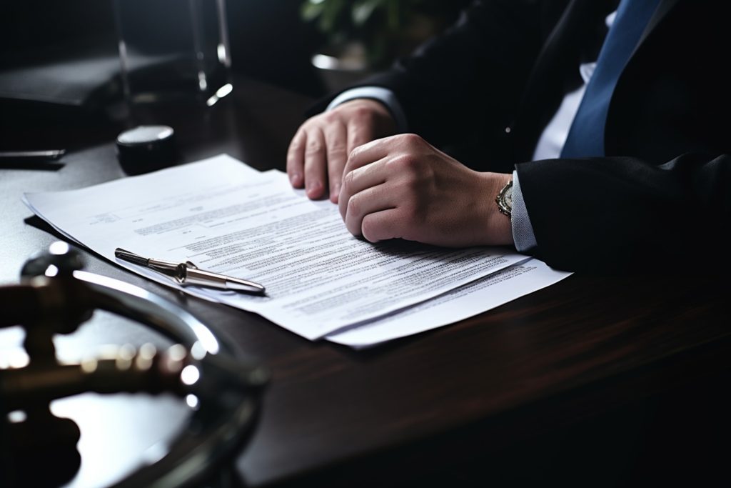 Injury, compensation and man hands with insurance documents, legal contract and paperwork. Disability, accident and people in lawyer or attorney meeting for advice, agreement or policy report closeup