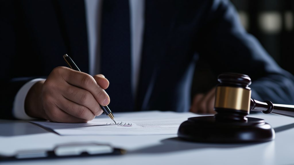 Lawyer signs legal documents. Formal agreement in professional office. Legal process. Gavel justice. Lawyer works on contract for client. Civil case settlement. Professional ethic. Fairness in