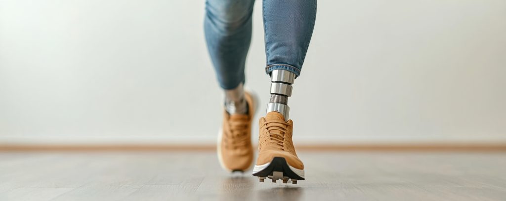 medical challenges awareness concept. A person walks with a prosthetic leg, showcasing mobility and modern technology in rehabilitation and adaptive solutions for limb loss.