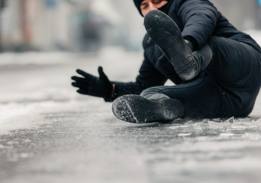 Pedestrian falling on icy sidewalk during winter, highlighting the dangers of frozen ground and the risk of slipping