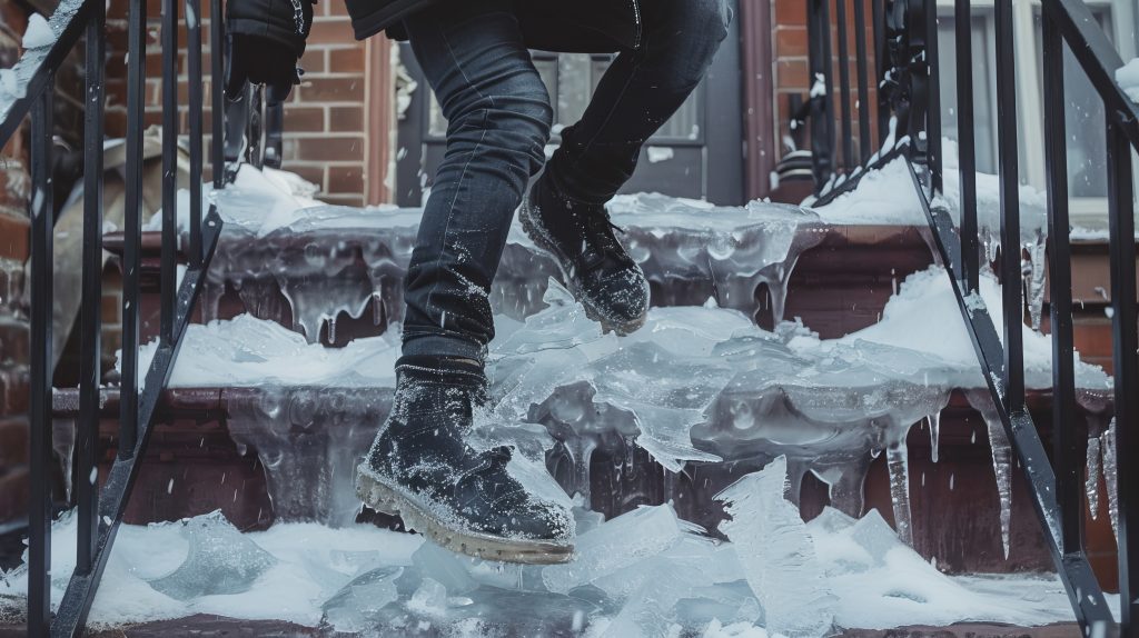 person wearing black boots and jeans falling on icy stairs at home, capturing a moment of movement and gravity with focus on the foot mid-air in a winter scene