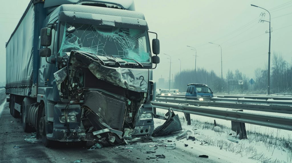 Truck crash on snowy roadside with damage - Stark image of a badly damaged truck after an accident on a snow-covered road, contrasting safety and risk in transport