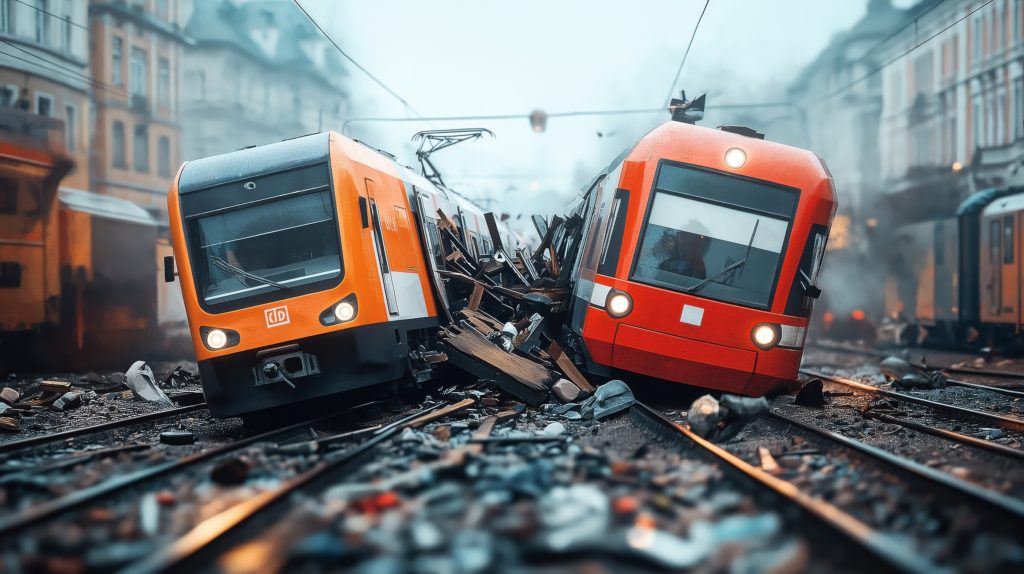 Two derailed and collided trains with scattered debris on railway tracks in an urban area.