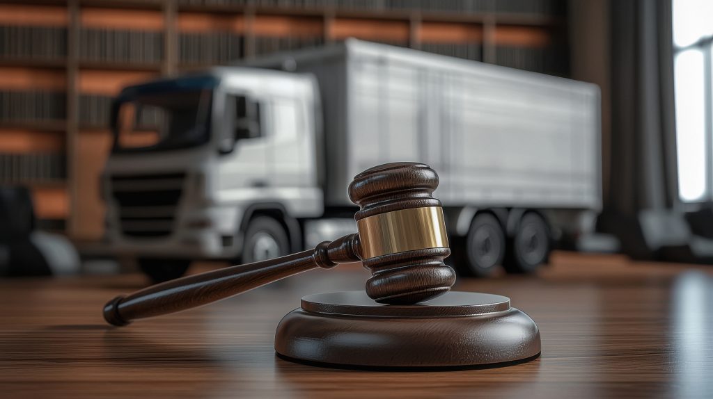 Wooden gavel on the judge's bench, just behind, slightly out of focus a realistic mini cargo truck