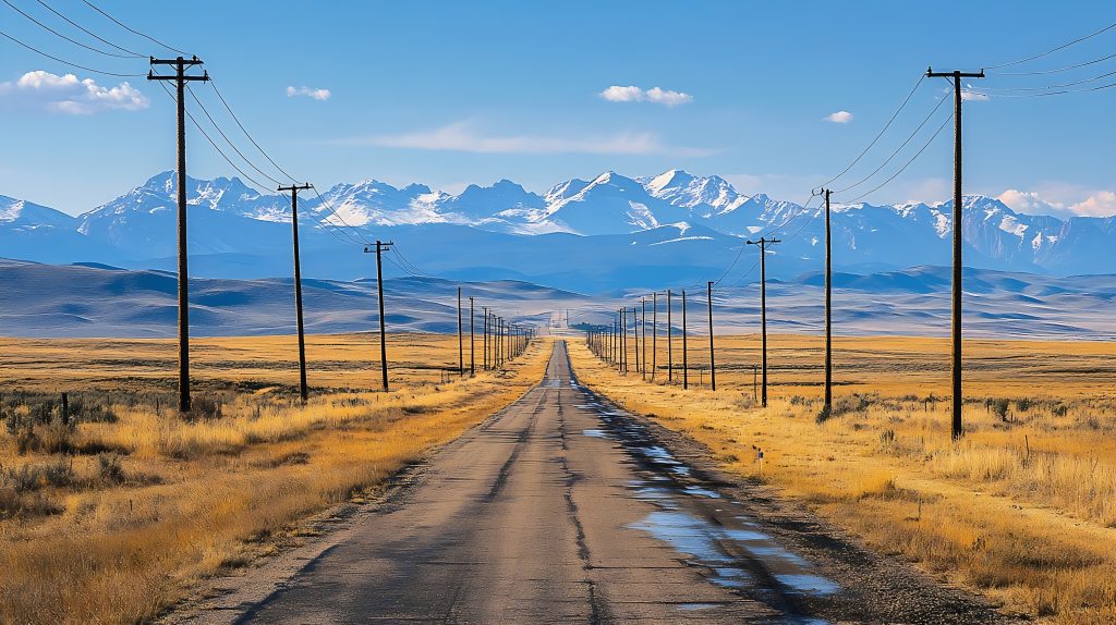Commerce City Colorado United States  5252023 Rocky Mountain Arsenal National Wildlife Refuge The Great Plains Front Range mountains in the distance Long and empty road utility poles : Generative AI