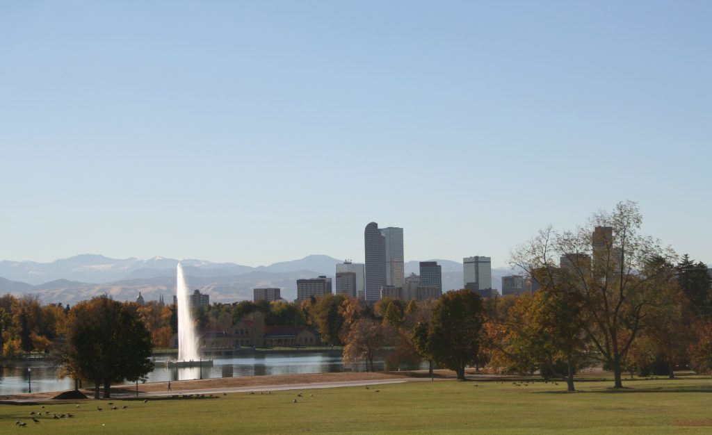 Denver skyline and fountain from City Park