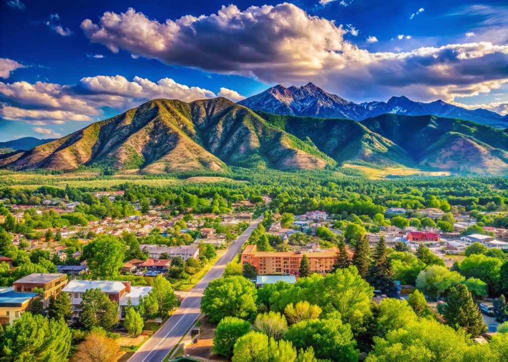 Scenic View of Windsor Colorado Featuring Lush Greenery and Majestic Mountains Under Blue Skies